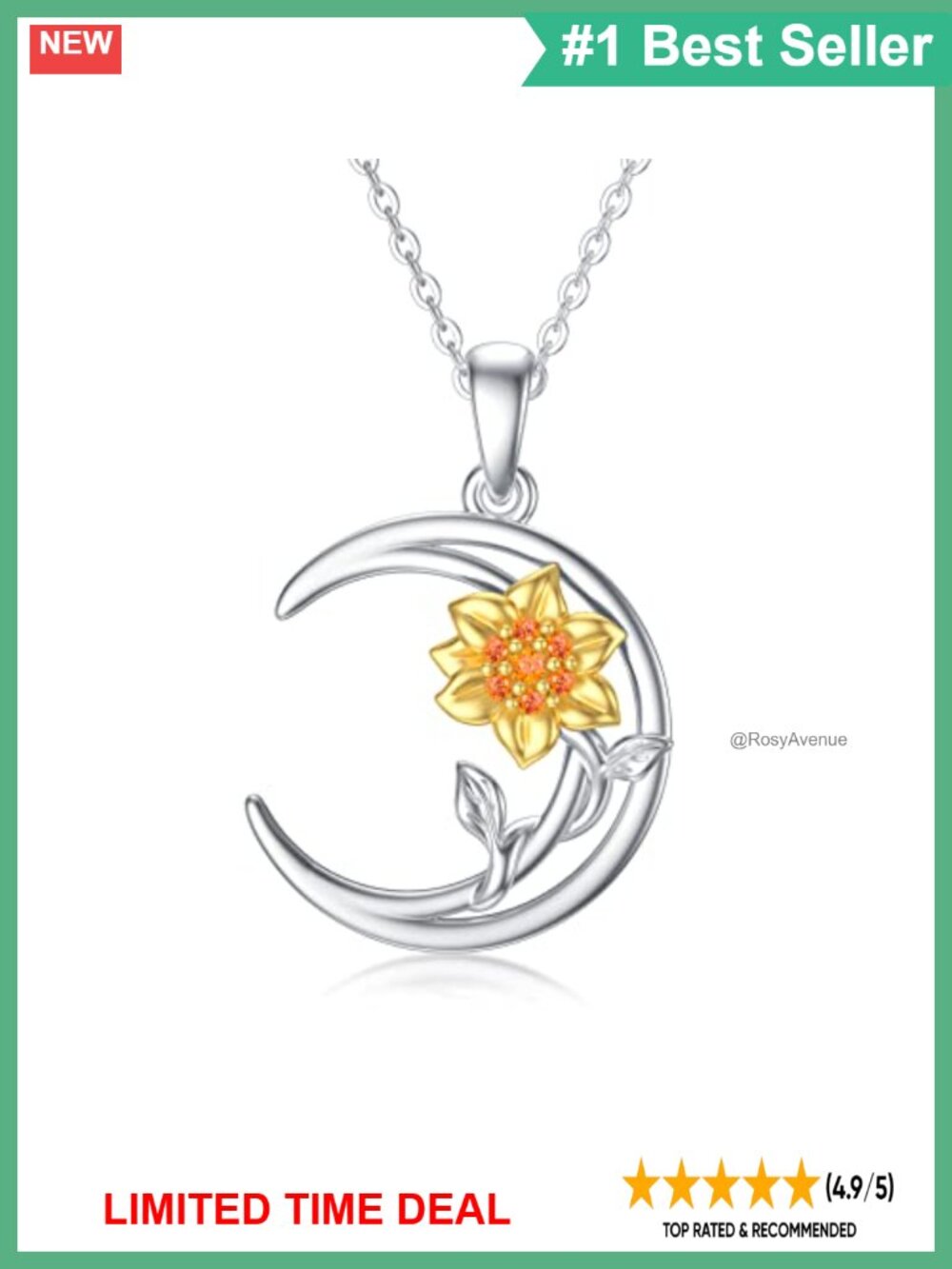 Solid 14K Gold Sunflower Moon Pendant Necklace Two Tone 16+2" Adjustable